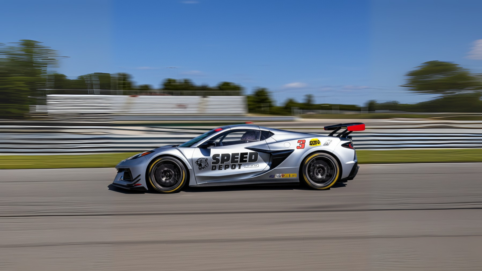 Track racing silver C8 corvette with SPEED DEPOT sponsorship wrap - GM performance parts, Corvette, Camaro, LS upgrades