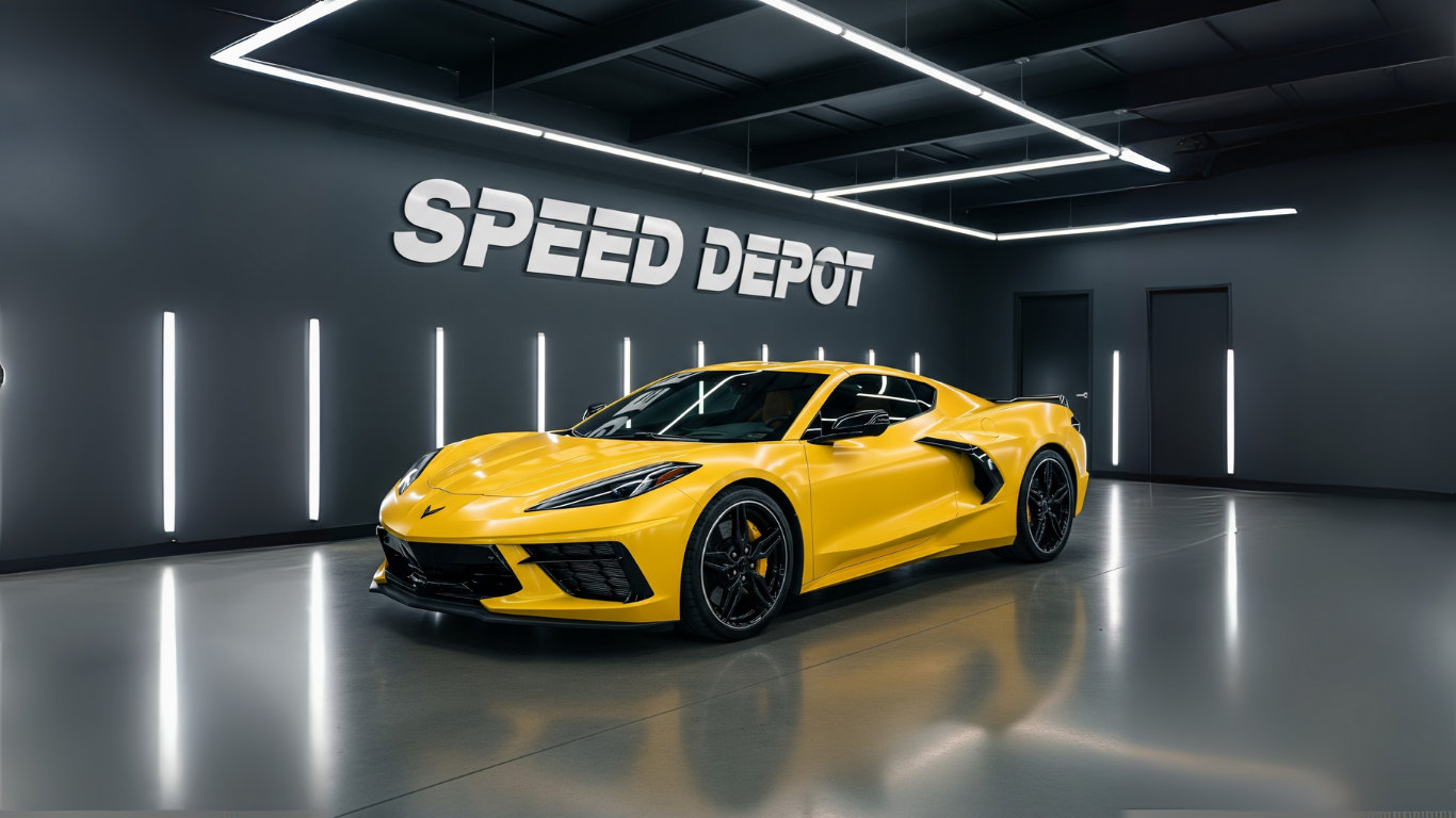 Yellow C8 corvette in SPEED DEPOT show room - GM performance parts, Corvette, Camaro, LS upgrades